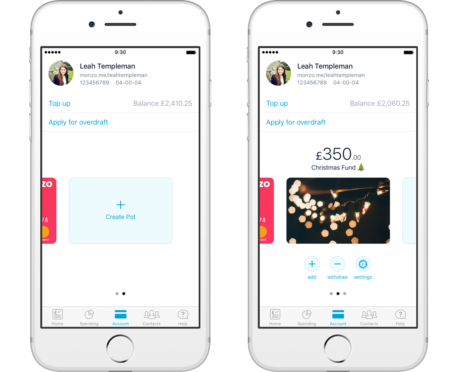 Screenshots of pots within the Monzo app