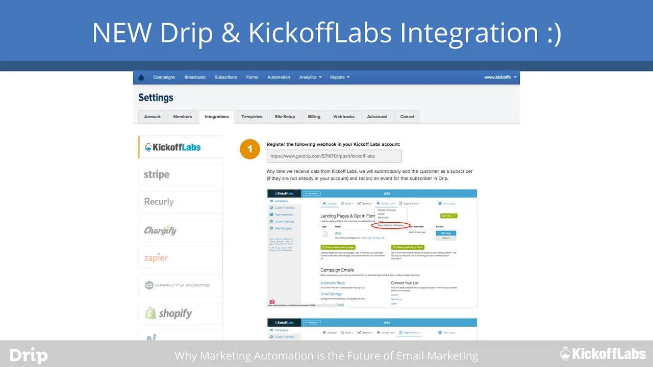 drip and kickofflabs integration