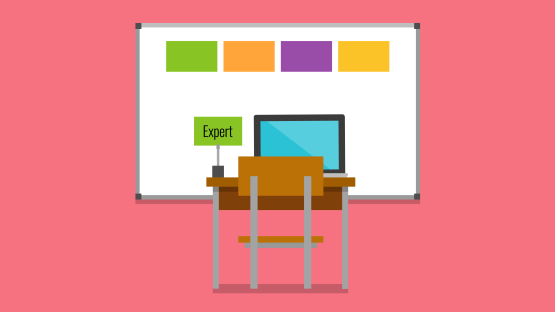 Illustration of a desk with a chair and open laptop. A green card labeled 'Expert' is placed on the desk. In the background is a whiteboard with four cards attached in different colors