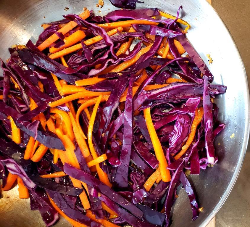 Pan with red cabbage and carrots