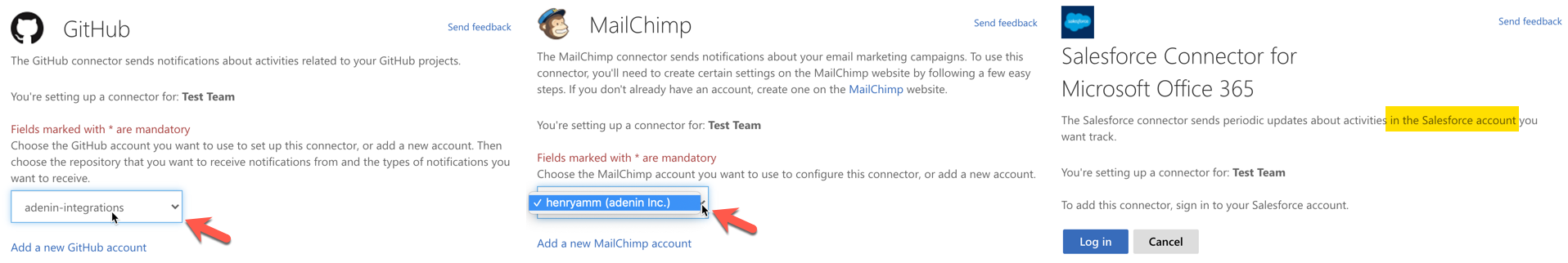Example of SharePoint connectors which require a single user for team access
