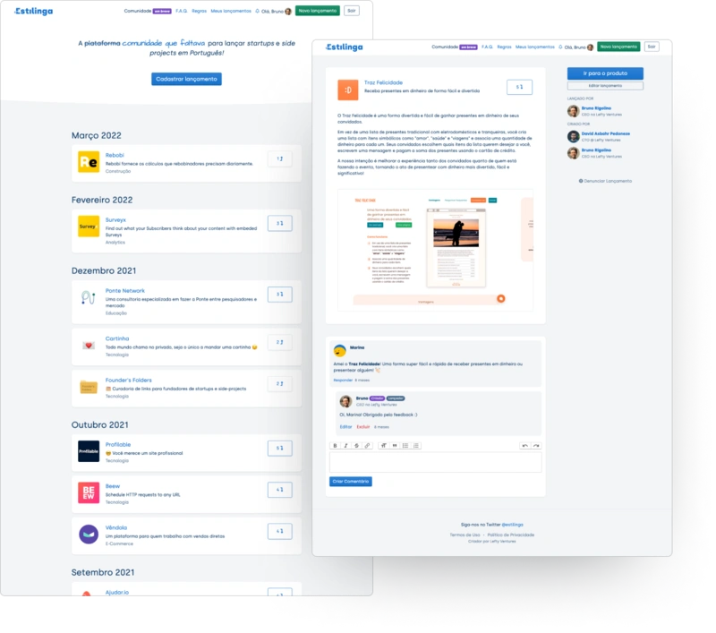 A screenshot of Estilinga's home page and a product profile.
