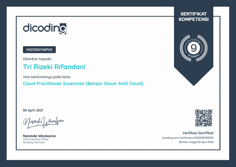 Cloud Practitioner Essentials (Belajar Dasar AWS Cloud) Certificate by Rifandani