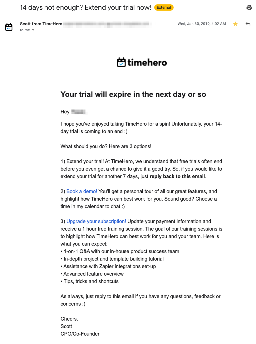 Upgrade Email: Screenshot of trial expiration notification email from TimeHero