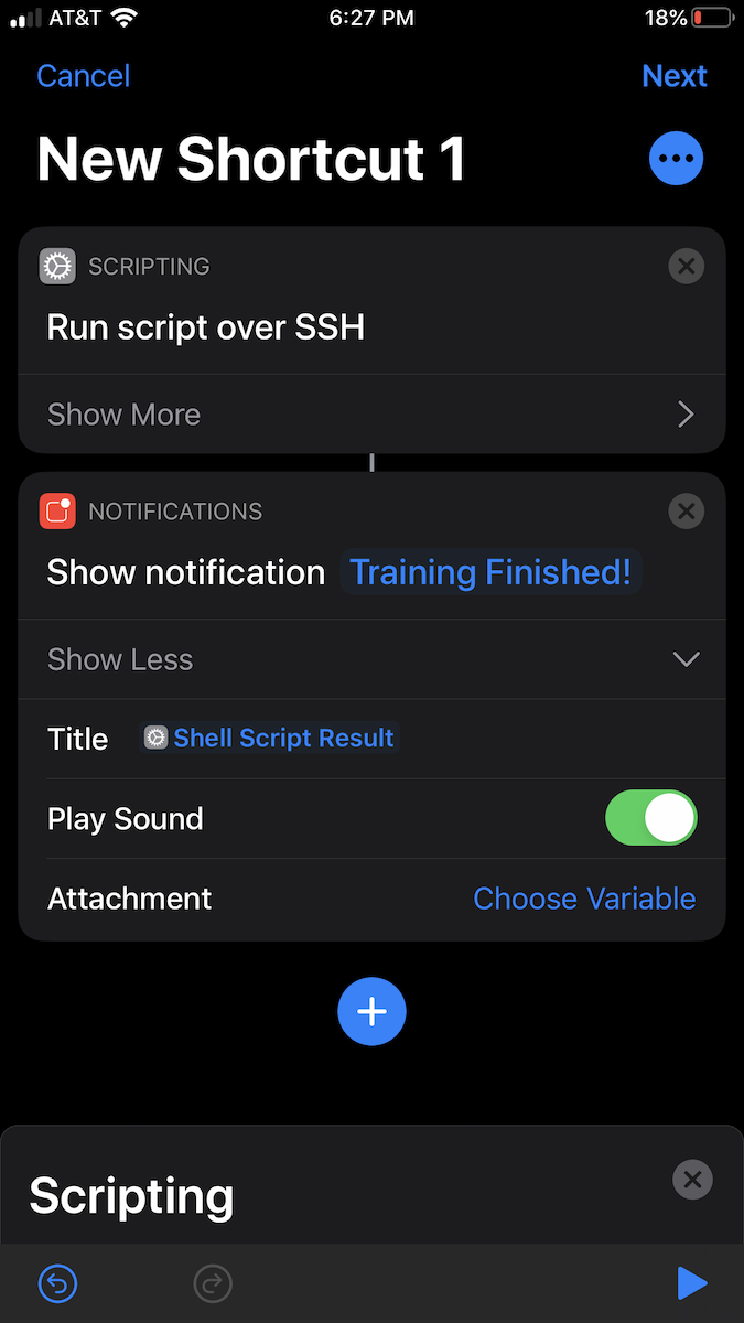 The final Shortcut: a Run Script Over SSH Action followed by a Show Notification Action