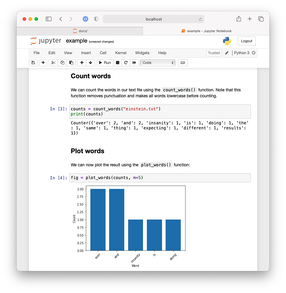 Second half of Jupyter Notebook demonstrating an example workflow using the pycounts package.