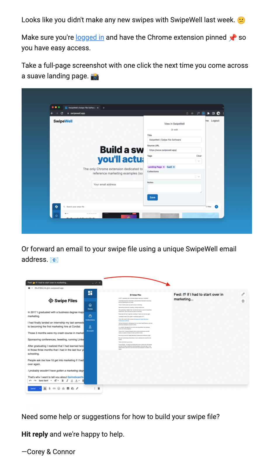 SaaS Re-engagement Emails: Screenshot of SwipeWell's email