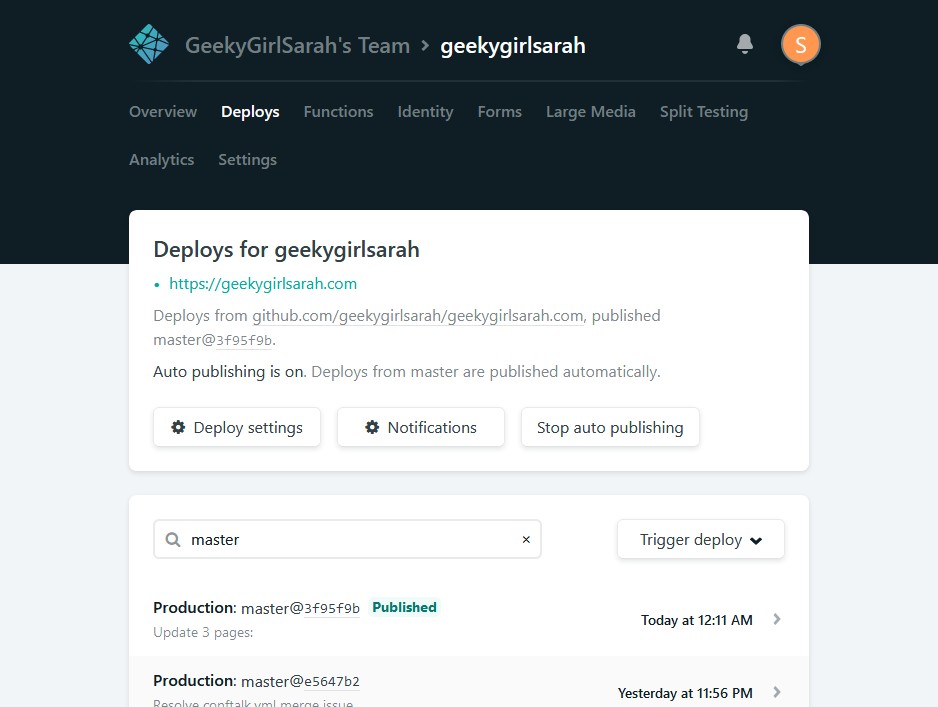Screenshot of the Deploys page of Netlify