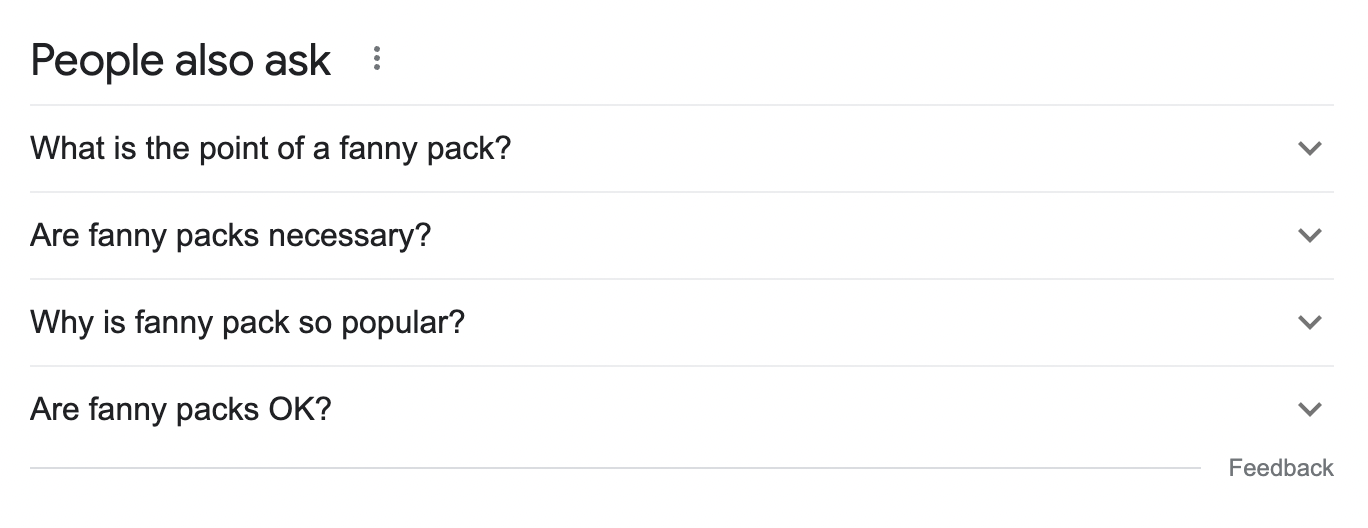 Google Search snippet with People Also Ask questions about fanny packs
