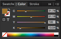 The InDesign color panel, showing the newly converted and incorrect CMYK values