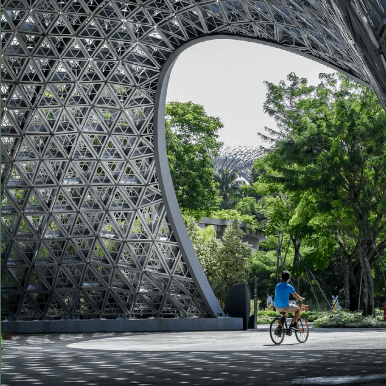 Young boy cycling through a gate in Singapore.