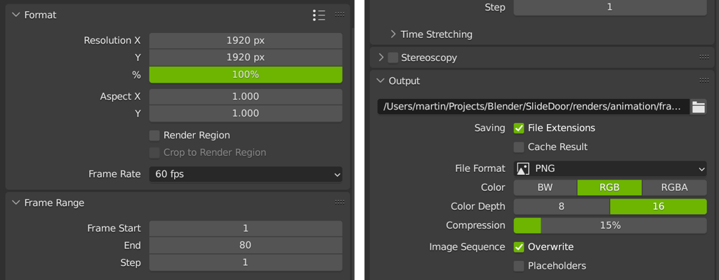 Image showing the settings I used in Blender to export my animation as image sequence. As a base it needs the frame rate and range, where to output all the frames, and the file format.