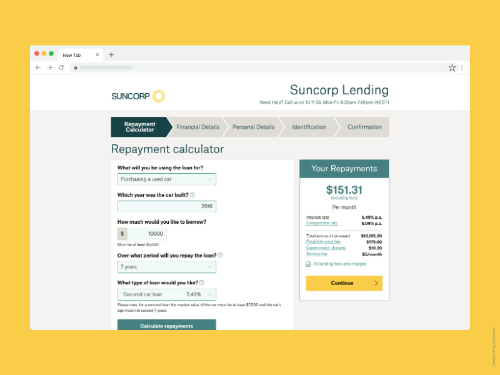 Screen of Suncorp Personal Loan website