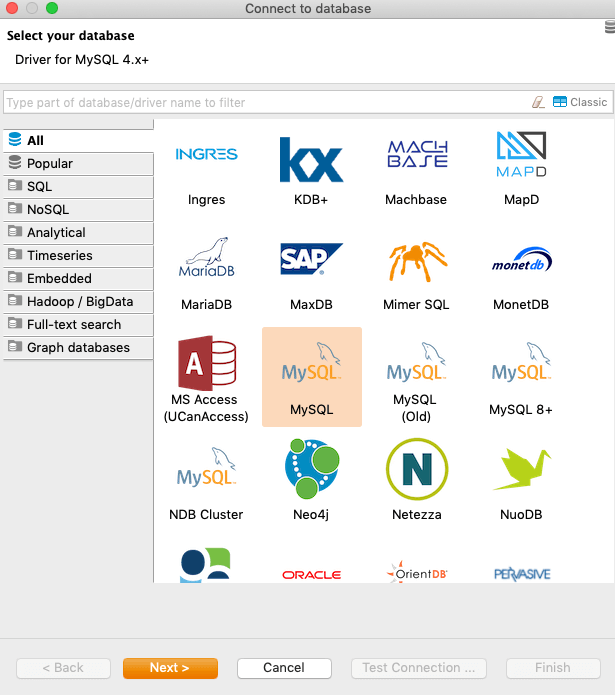 Selecting the MySQL driver in DBeaver