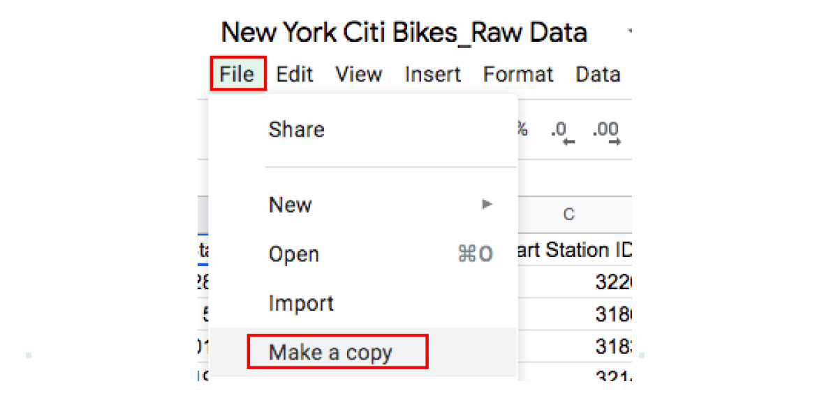 The drop-down menu that opens when you click "File" in Google Sheets, with the "Make a copy" option selected
