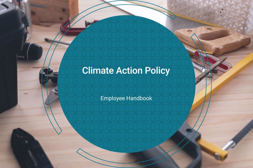 a teal circle containing the text “climate action policy” overlays a photo of a wooden workbench covered in tools