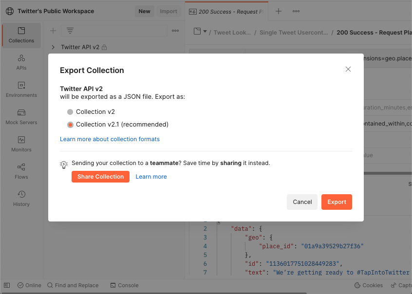 Export a Postman collection to v2.1