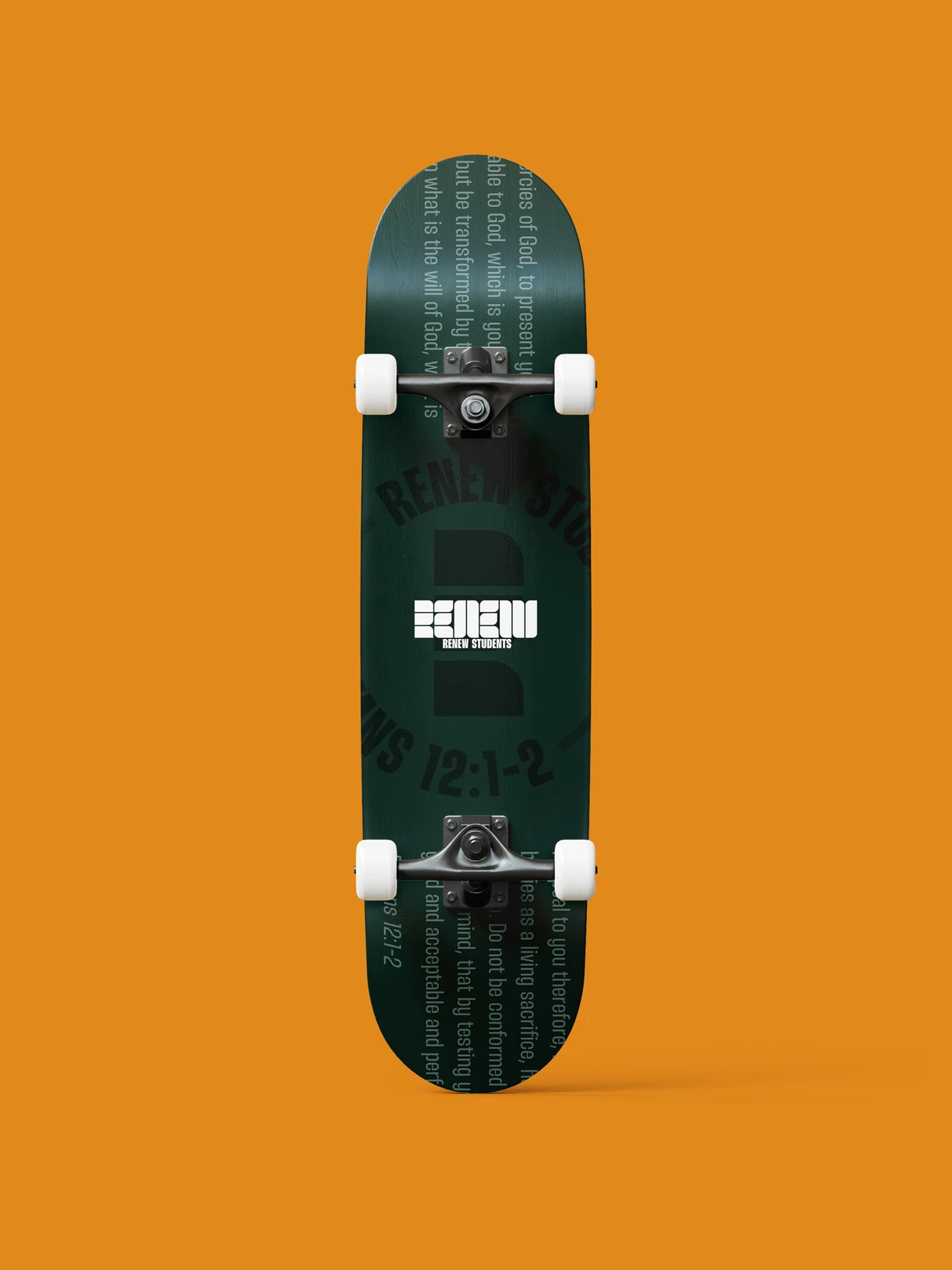 A forest green skateboard with white wheels on an orange background, with a logo design on the bottom.