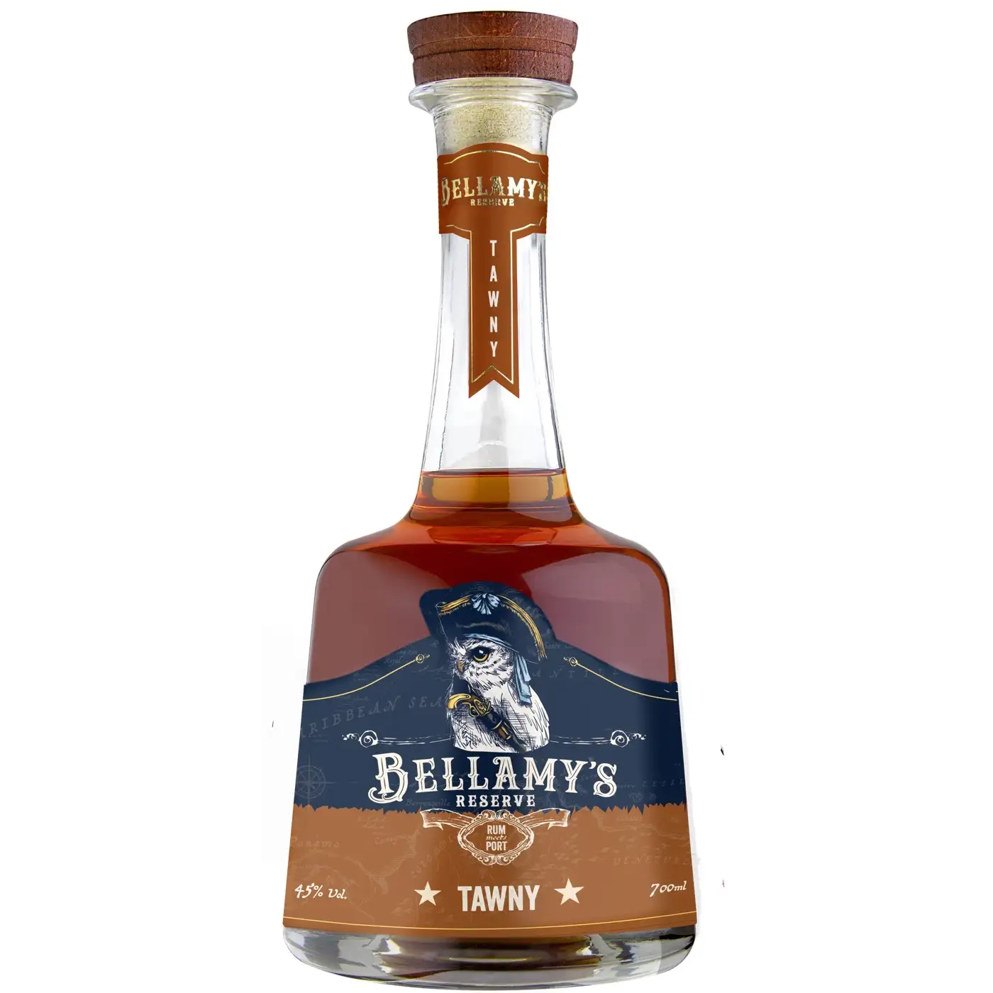 Image of the front of the bottle of the rum Bellamy‘s Reserve Tawny Rum Meets Port