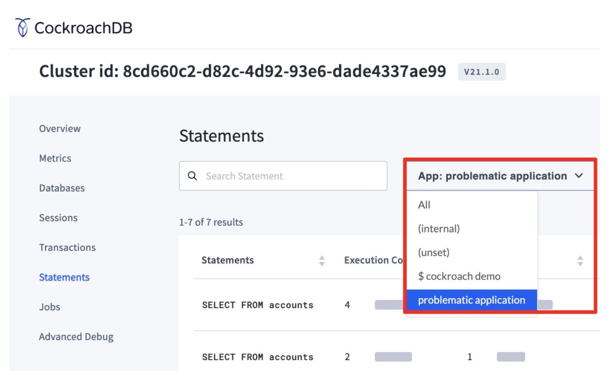 filter by statement type in cockroachdb to find problematic queries
