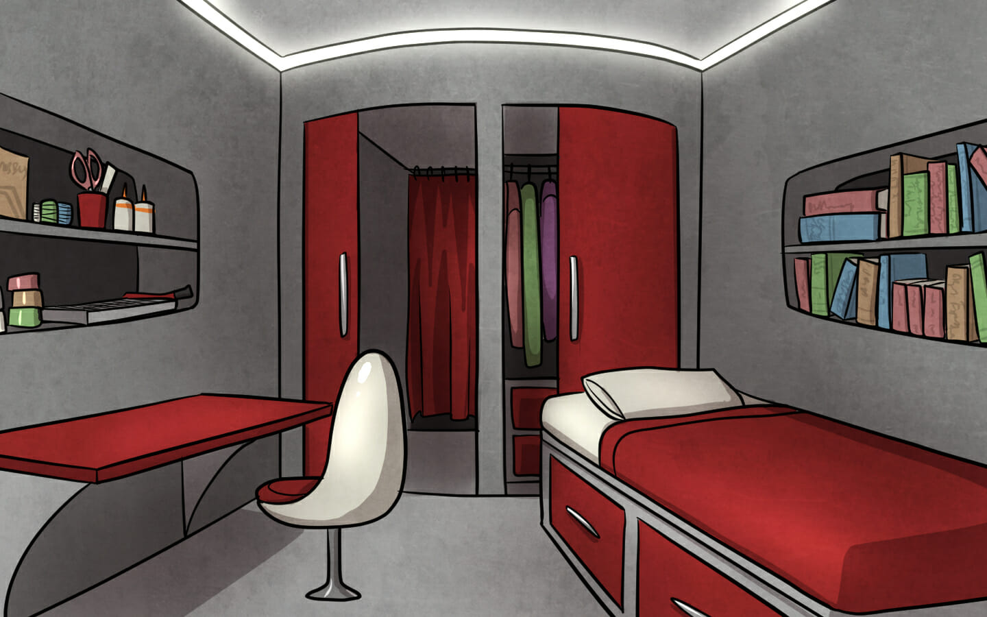 The interior of Timaeus's dorm. There's a bed along the right wall with some bookshelves above it, a desk along the left wall, and a small bathroom at the back.