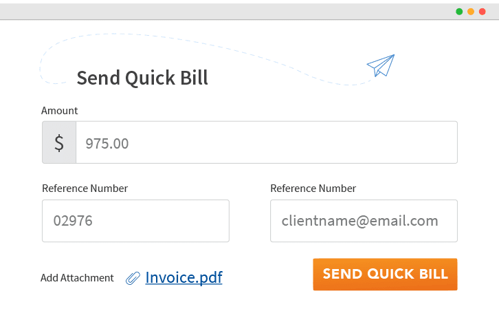 LawPay's payment request for $975 with reference number and send quick bill button