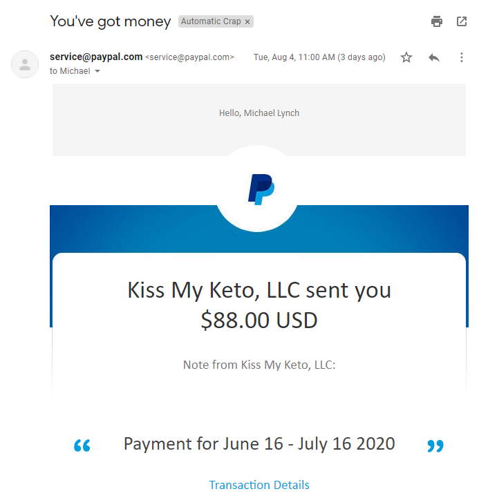 PayPal receipt showing $88.00 payment