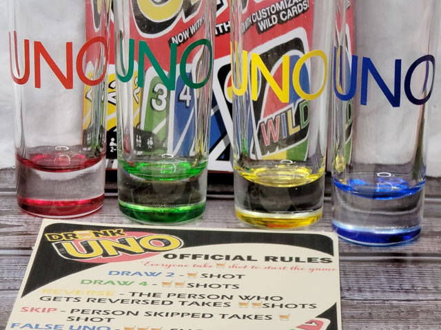4 Drunk Uno Shot Glasses and the Official Drunk Uno Rules