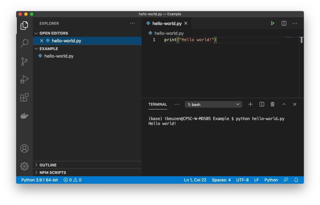 Executing a simple Python file called "hello-world.py" from the integrated terminal in Visual Studio Code.