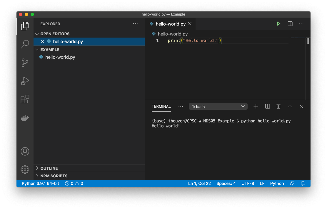 Executing a simple Python file called hello-world.py from the integrated terminal in Visual Studio Code.