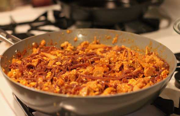 Kimchi noodles on the stove