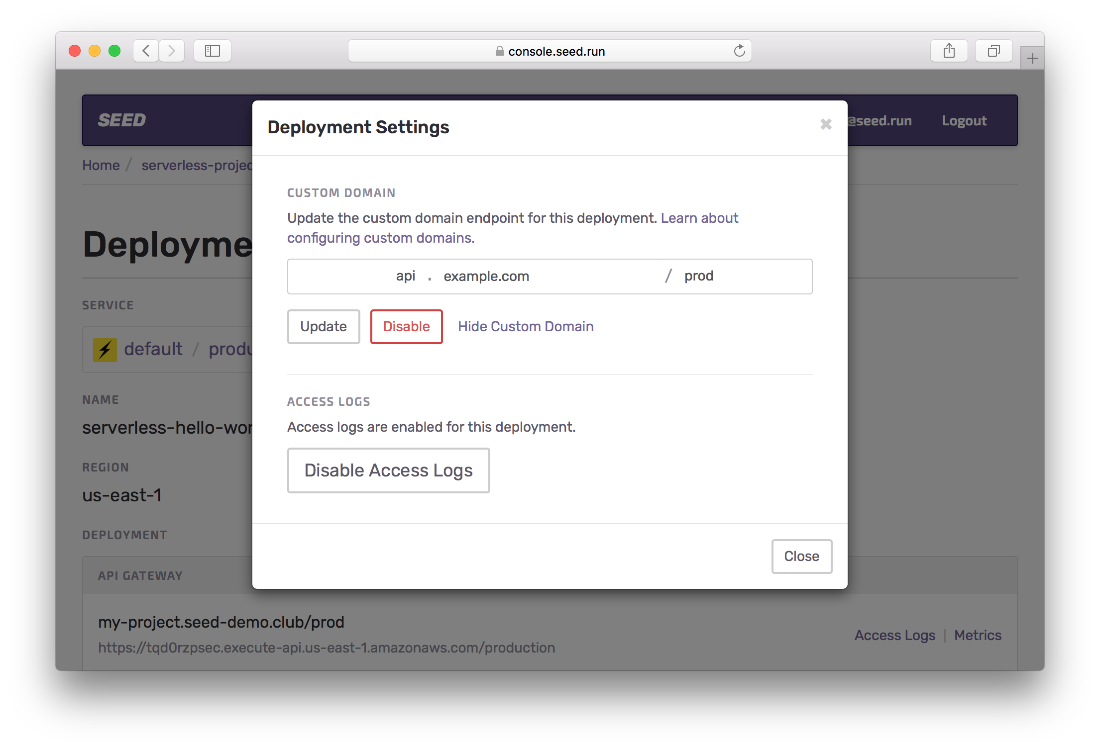 Disable Custom Domain Screenshot