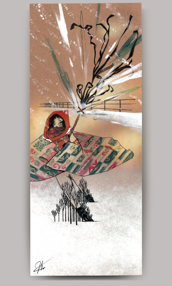 An acrylic painting on wood panel, titled 'Kumiko The Treasure Hunter', of a young woman wrapping in a patterned quilt holding a roman candle trudging through the snow with a cattle fence behind her. At the tip of the roman candle, an 'x' shoots out film rolls. At her feet are superimposed dead trees.