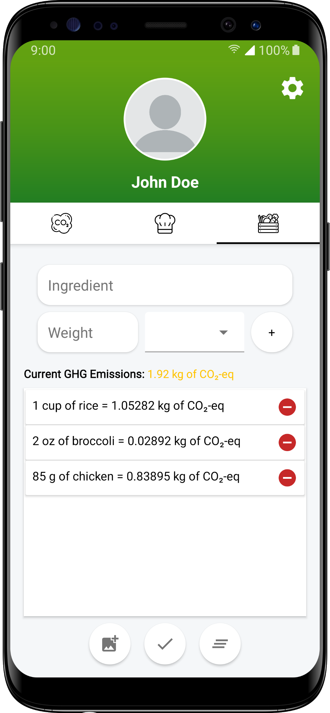 Mobile screen of the emissions calculated in carbon dioxide equivalents for
                                individual ingredients the user provided.