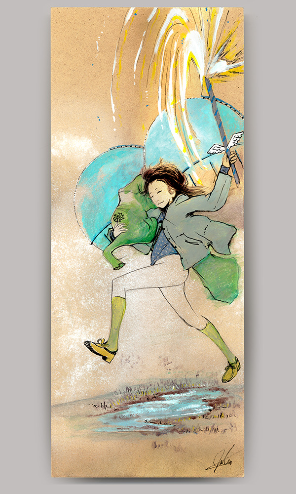 An acrylic painting on wood panel, titled 'Laundry', of a pantless woman jumping happily over a puddle with a green dress in one hand and a lit roman candle in the other. Two large green spherical gas tanks are behind her.
