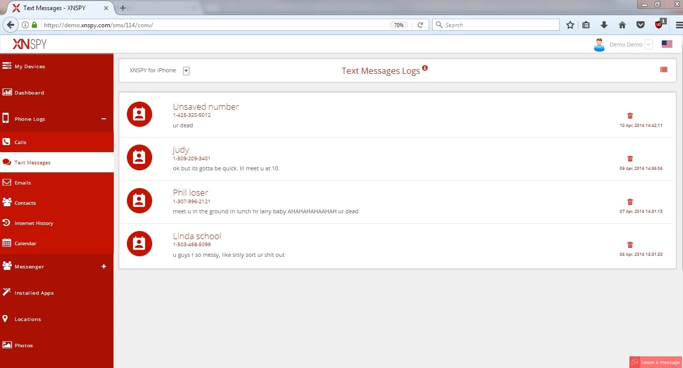 XNSPY demo spy software on any sms