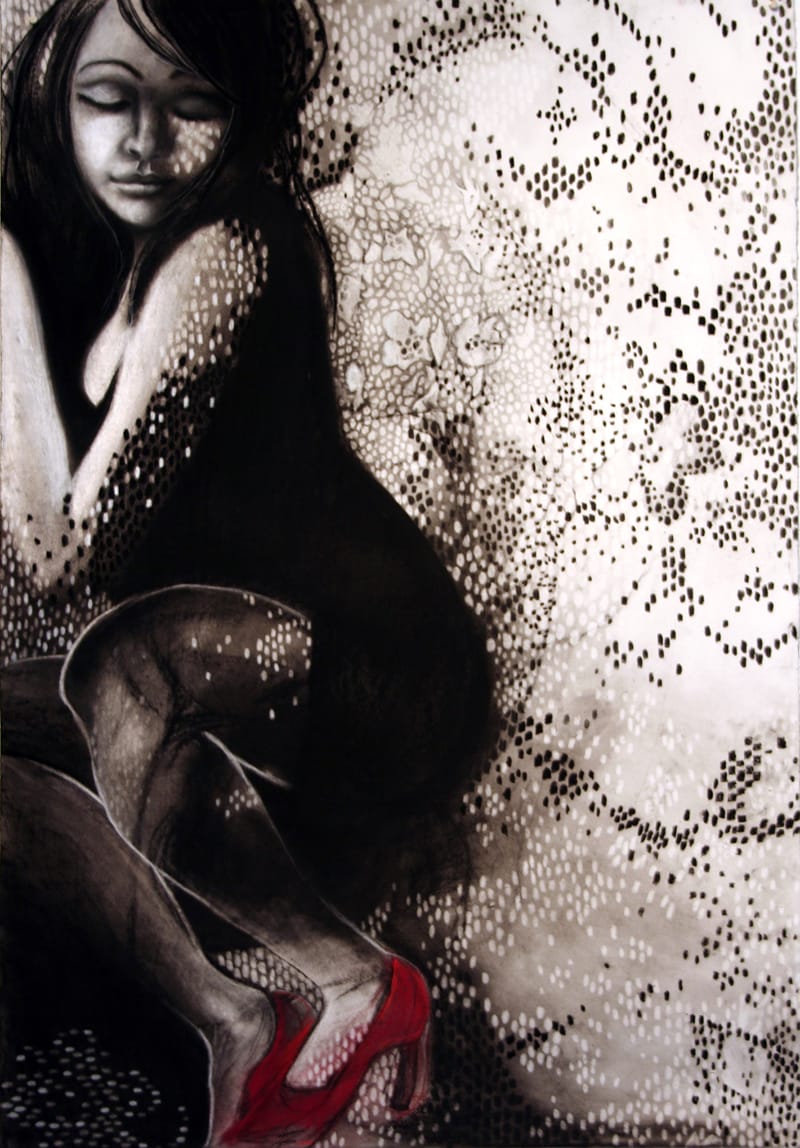 a charcoal drawing of a woman admiring the red shoes on her feet