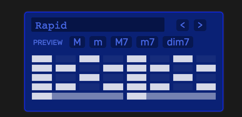 A blue box showing different arpeggiation patterns that is currently selecting one called 'Rapid.'