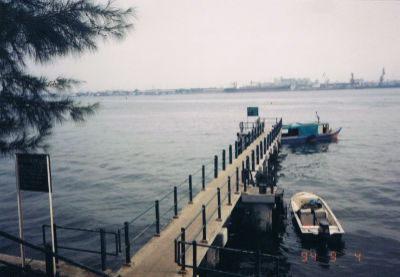 A view of the Punggol Jetty, a long platform leading out to the sea. A stationary boat is on the waters next to the platform on the right while another is pictured in front of it. There are big cargo ships visible in the distance.