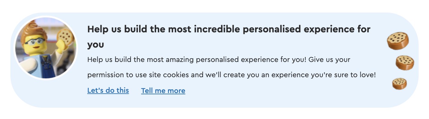 Screenshot of a cookie notice asking for permission, with a Lego character