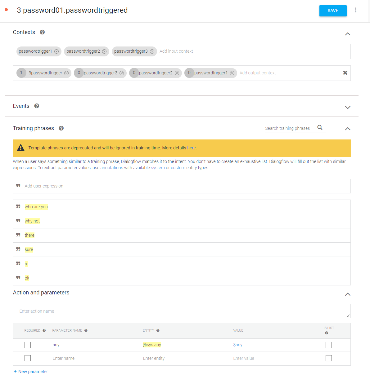 Dialogflow screenshot. Input contexts have 9passwordtrigger1, 9passwordtrigger2, and 9passwordtrigger3. There is @sysany training phrases below it.