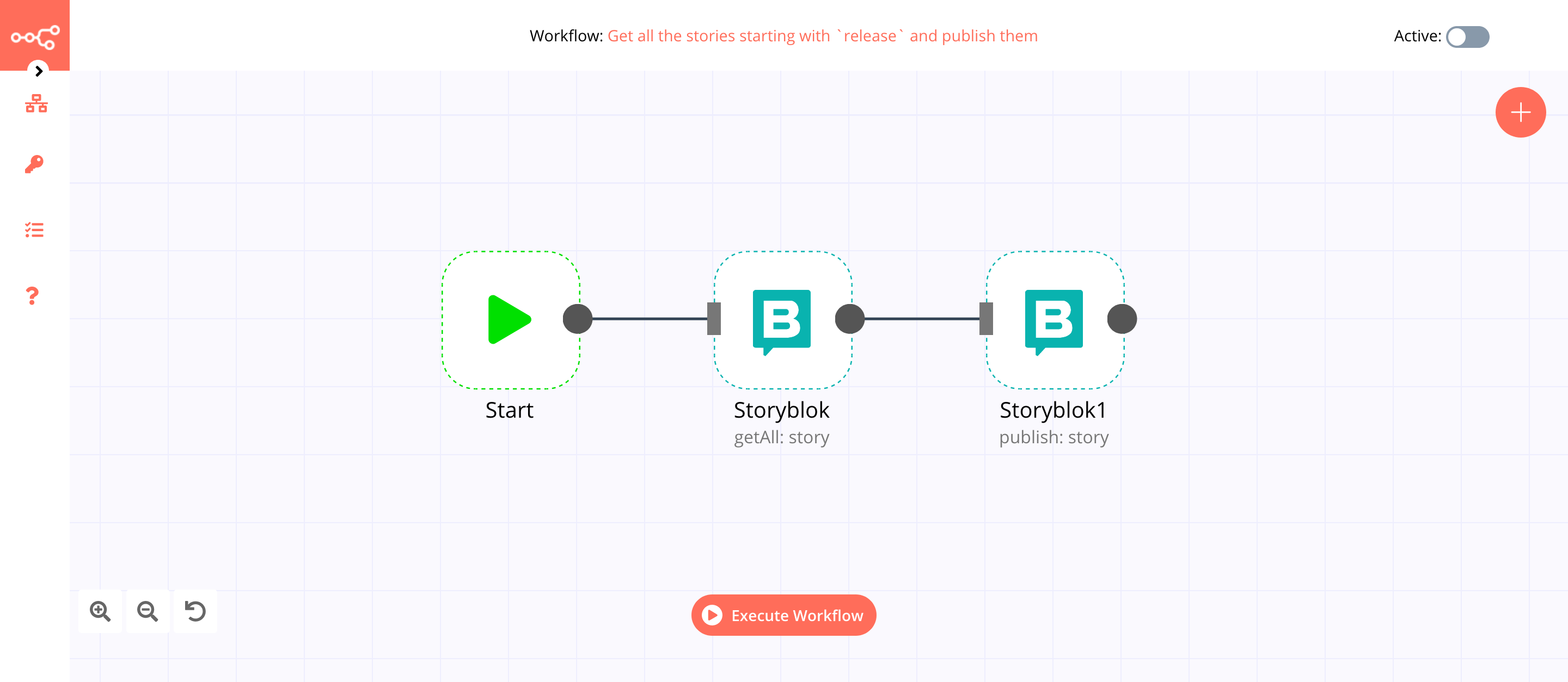 A workflow with the Storyblok node