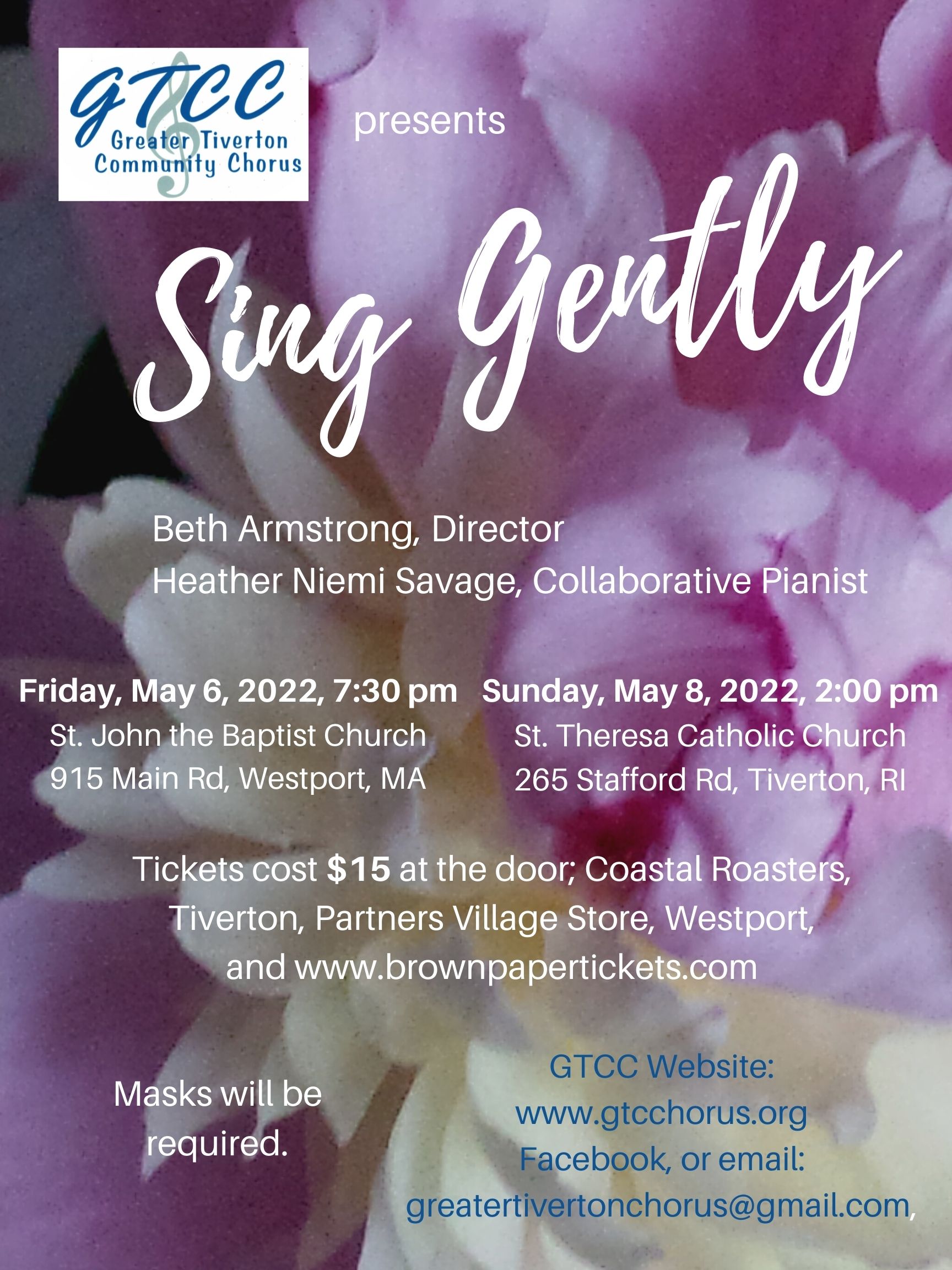 Poster for the Greater Tiverton Community Chorus Spring 2022 Concert: Sing Gently