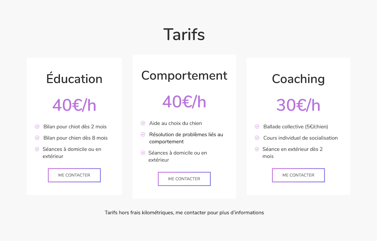 Nouvelle page des tarifs sous forme de cartes