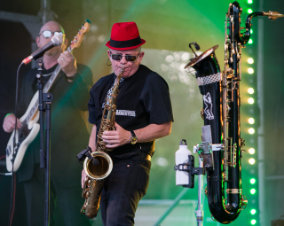 Lingfest 2019 The Gangsters band saxaphone player in red trilby hat playing ©Brett Butler