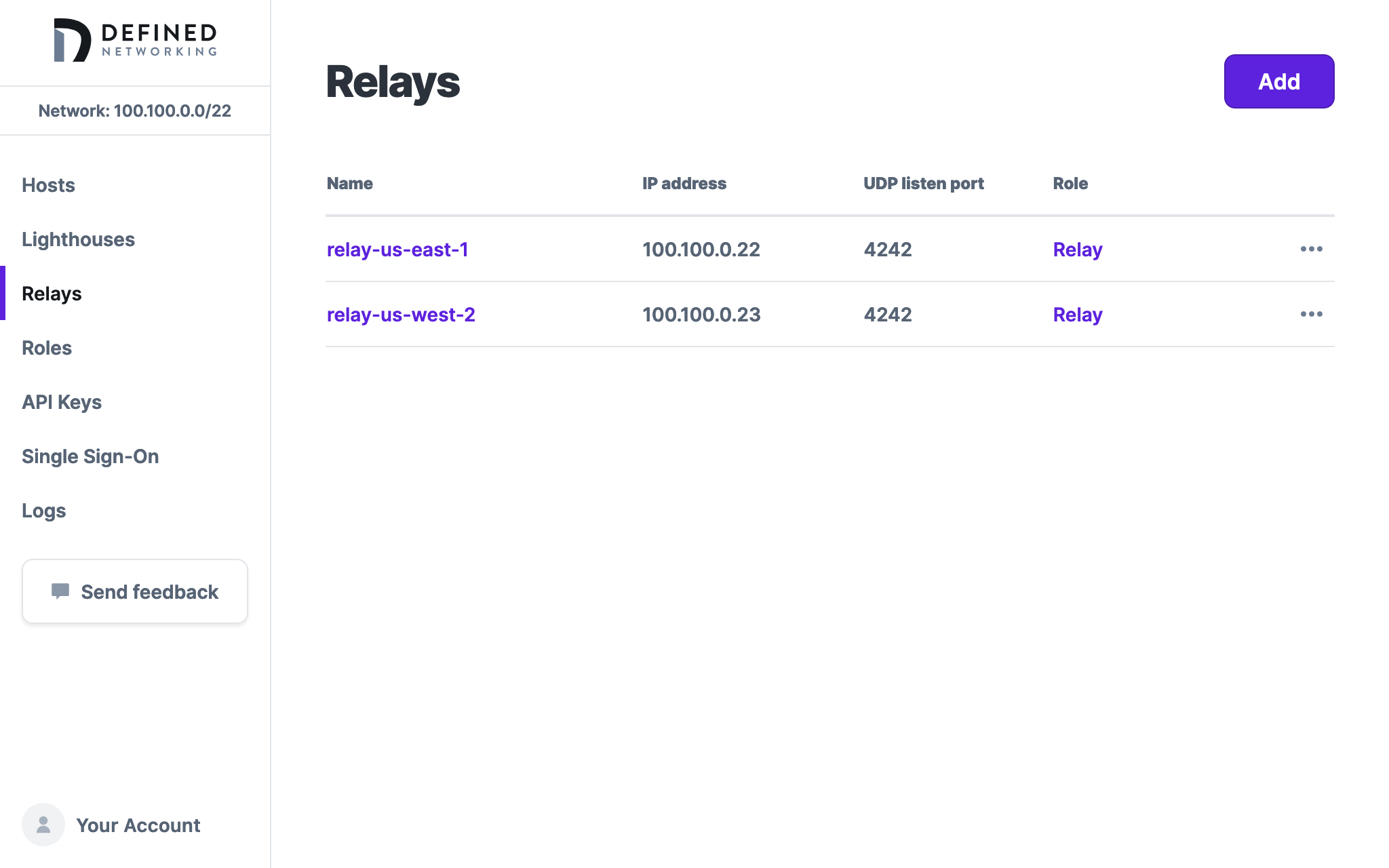 Relays page that shows one relay named `relay-us-east-1` and another named `relay-us-west-2`
