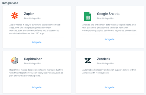 integrações disponíveis: Zapier, Rapidminer, Planilhas Google, Zendesk