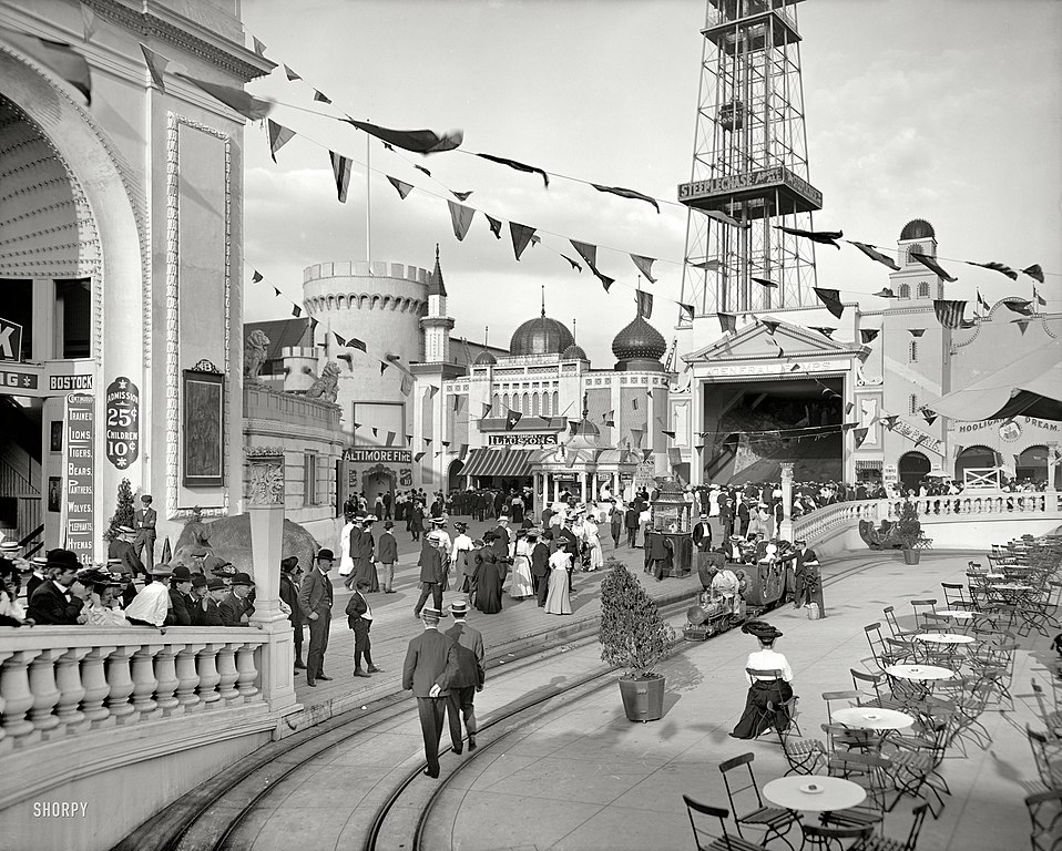 black and white photo of dreamland park in coney island
