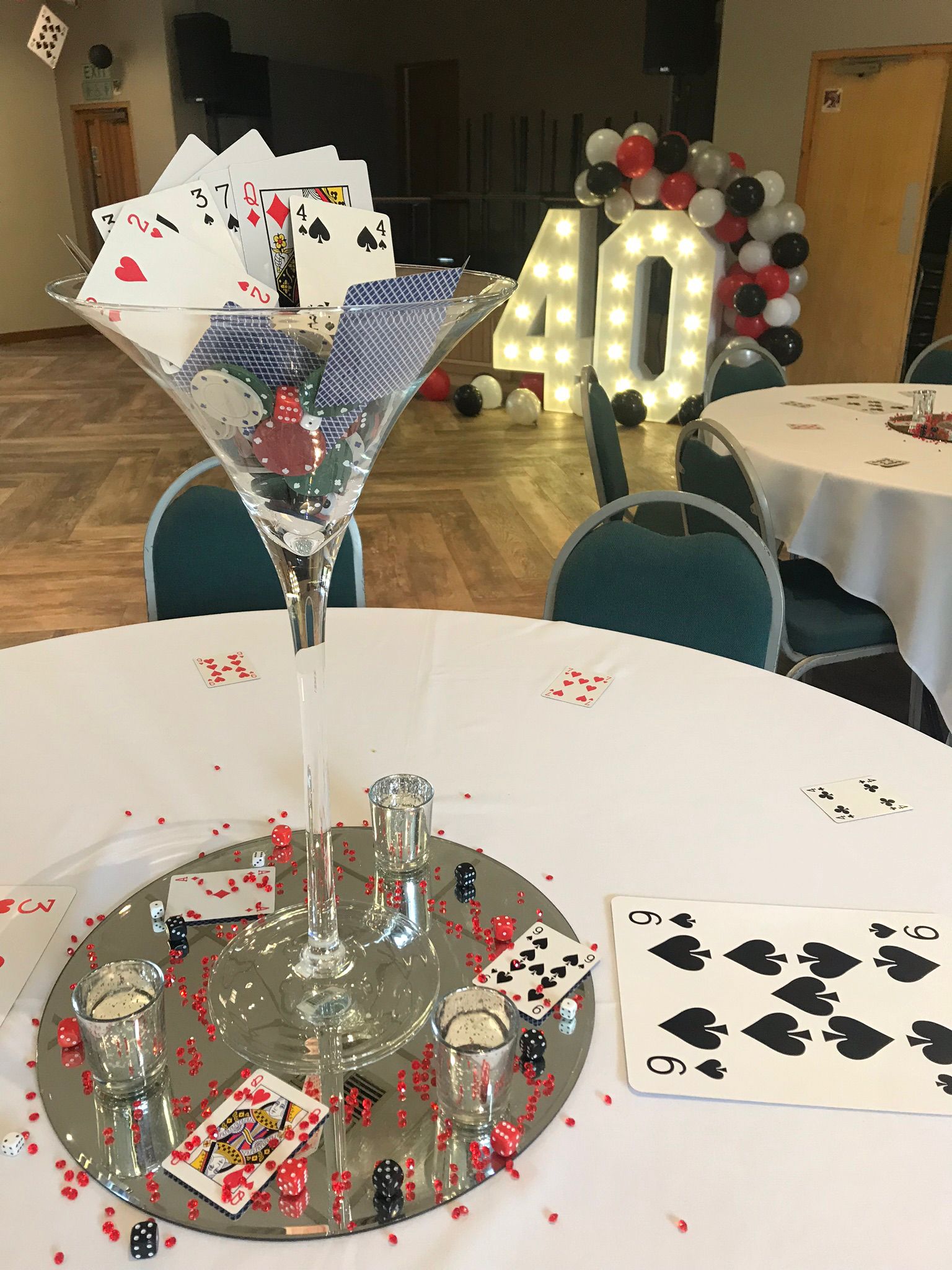a table with playing cards scattered around in different sizes