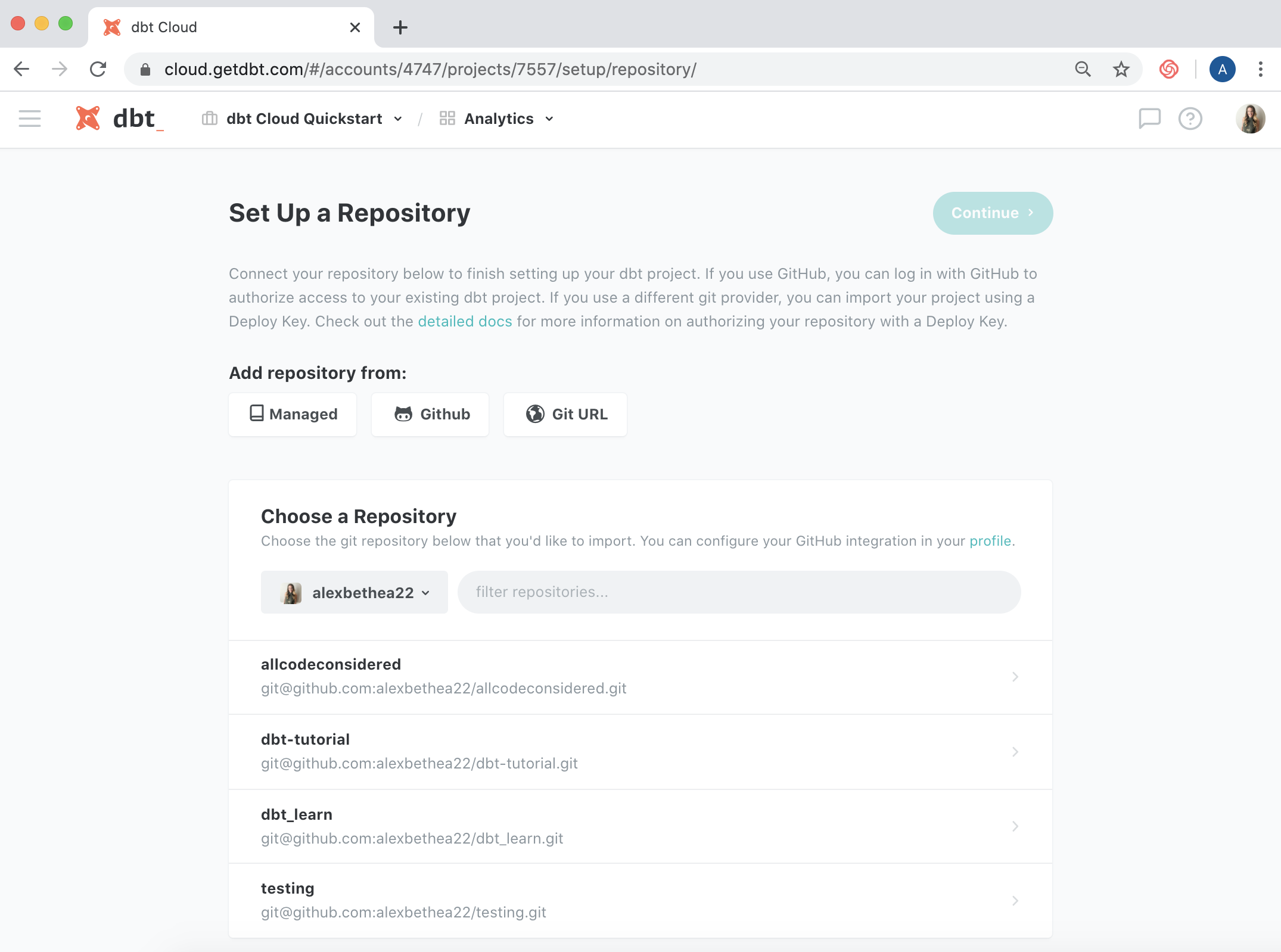 Adding a new repository from GitHub